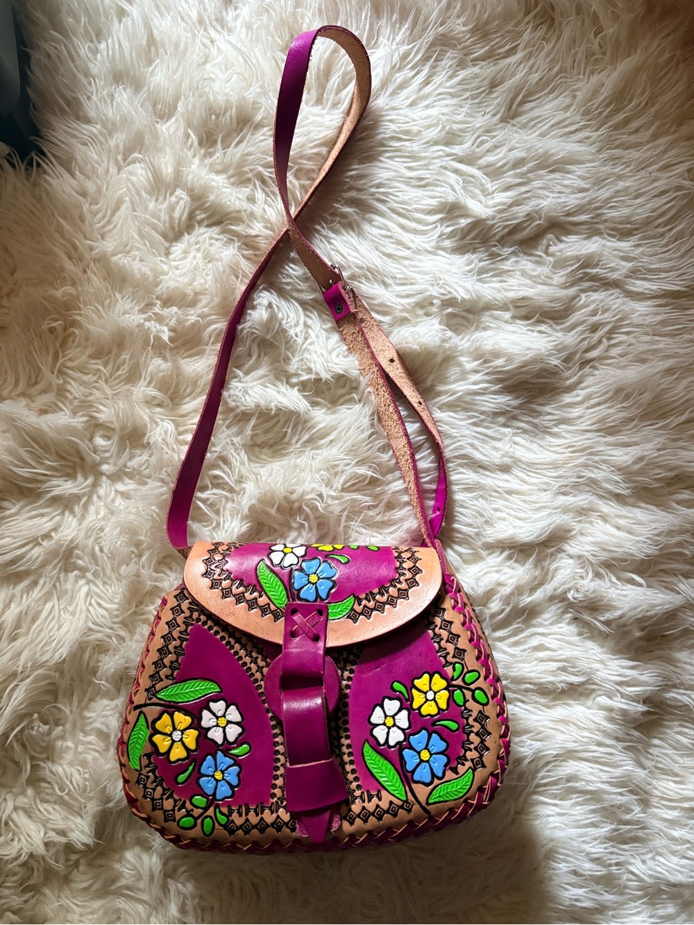 Handcrafted Pink Floral Leather Crossbody Bag